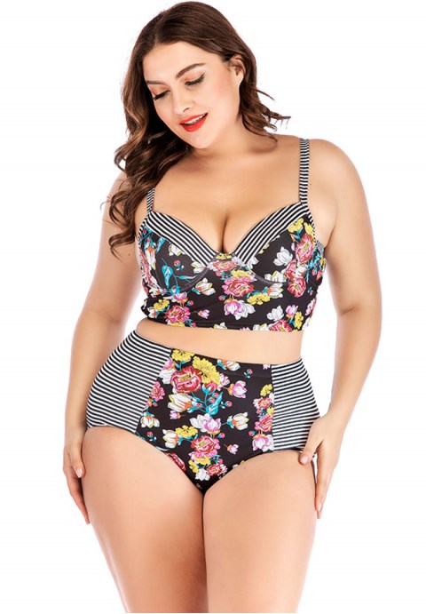 Plus Size Striped And Flower Underwire Two Piece Swimsuit