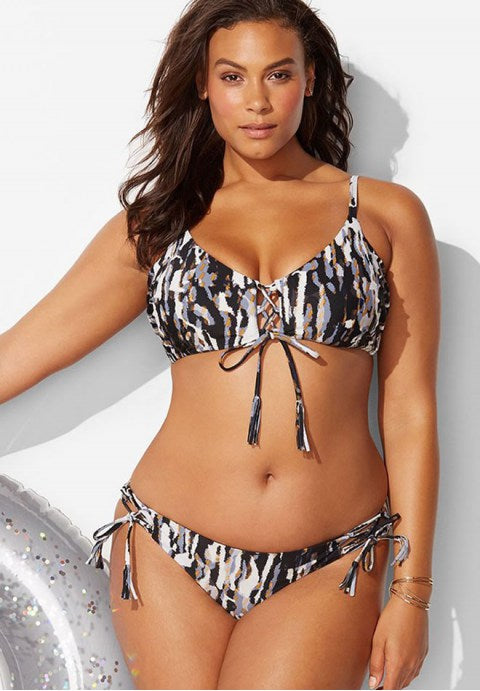 Plus Size Abstract Printed Lace Up Tie Side Bikini Swimsuit